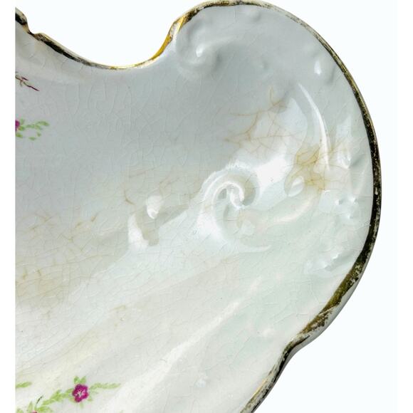 Antique Bone Trinket Dish Goodwin Semi Porcelain Floral Scalloped Gold Trim READ - Picture 9 of 15